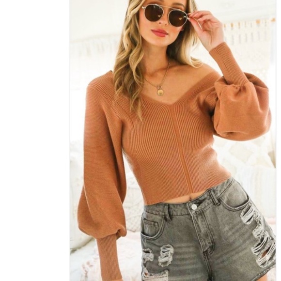 V-Neck Balloon Sleeve Rib Sweater - Picture 5 of 11